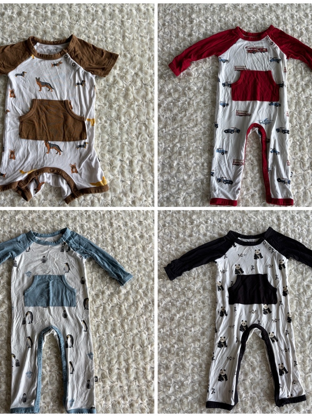 Set of 4 Kyte Baby Rompers Penguins Pandas Dogs EMS Vehicles Ambulance Police